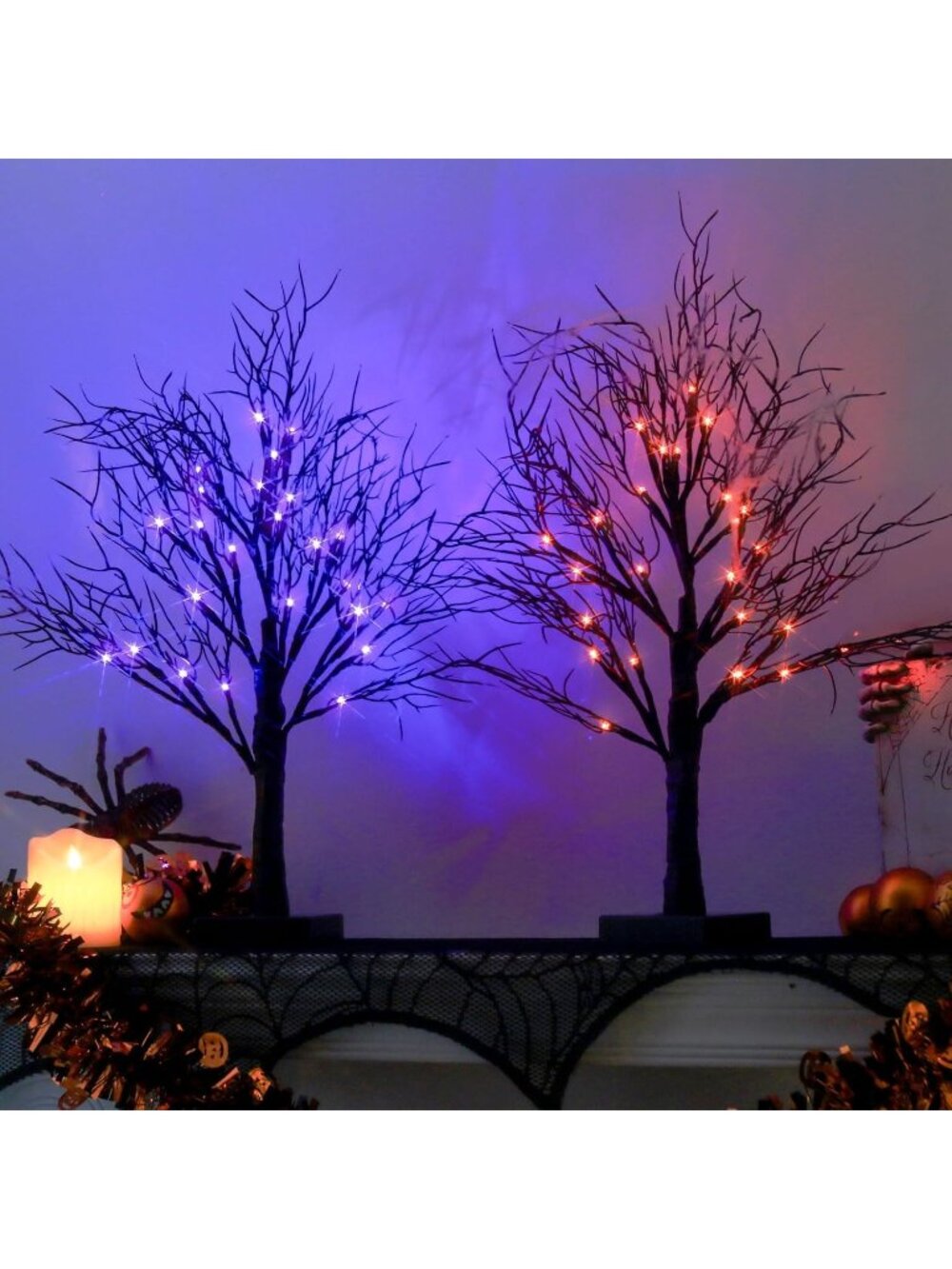 2 Pack Halloween Decorations Black Trees with Timer Orange Purple Led Lights
